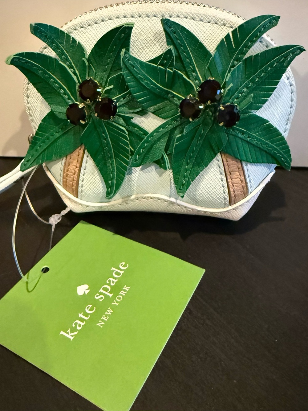 kate spade White Cosmetic Pouch with Green Palm Appliqué